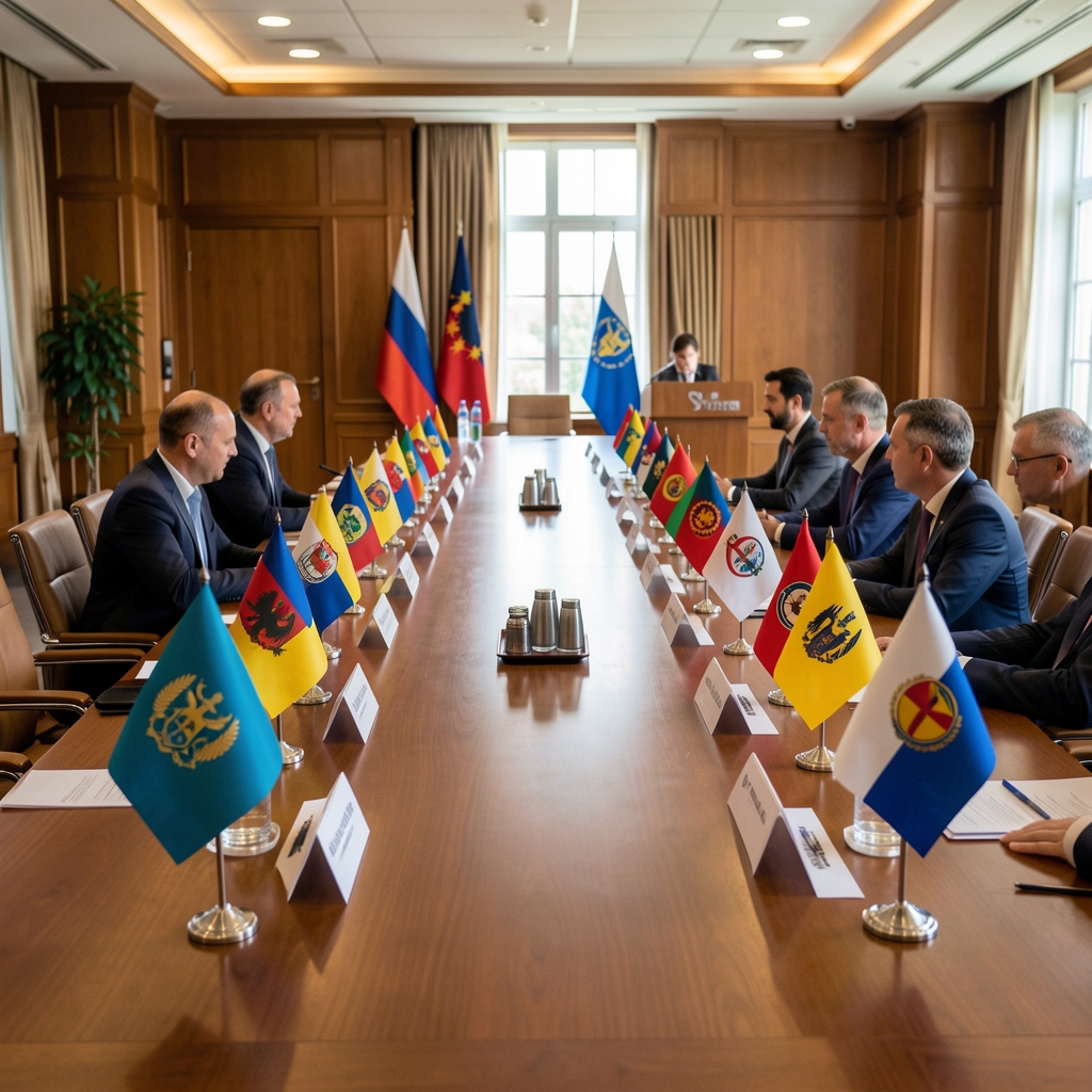 Дипломатски самит у регионалној сали за конференције, столови са заставама балканских земаља