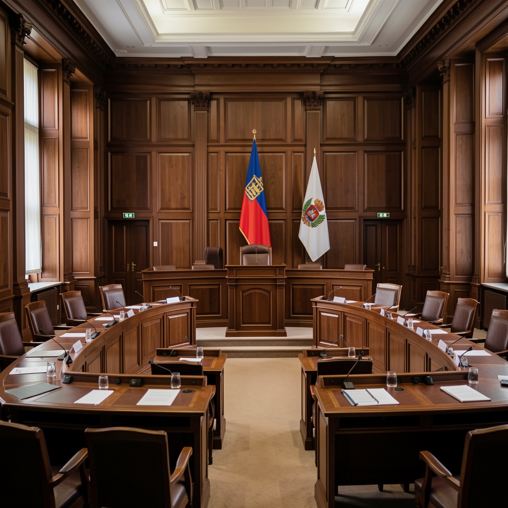 Montenegrin parliamentary chamber interior showing seats and podium during session, dark wood panelling and national flag visible