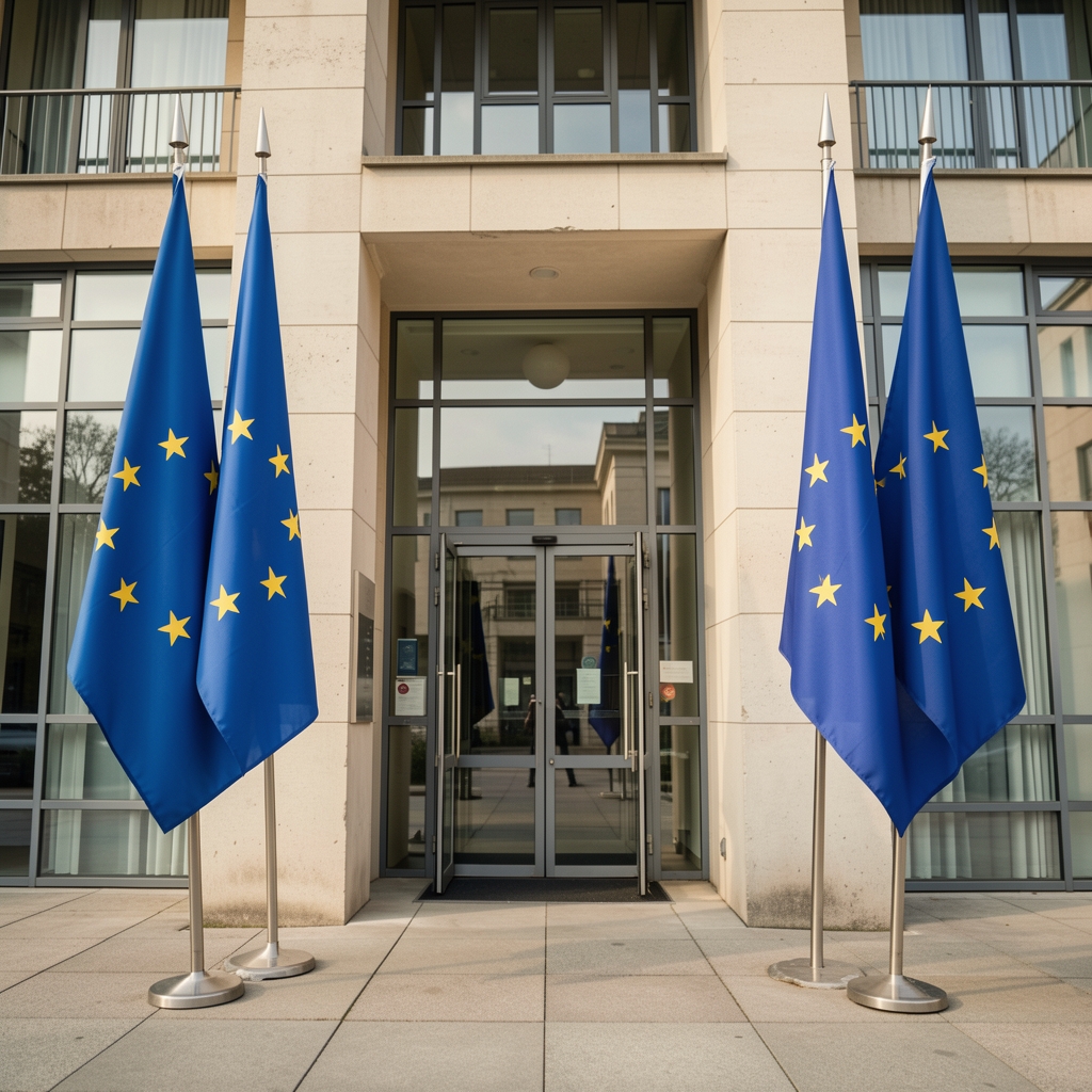 Зграда Европске комисије у Бриселу са заставама ЕУ и Црне Горе