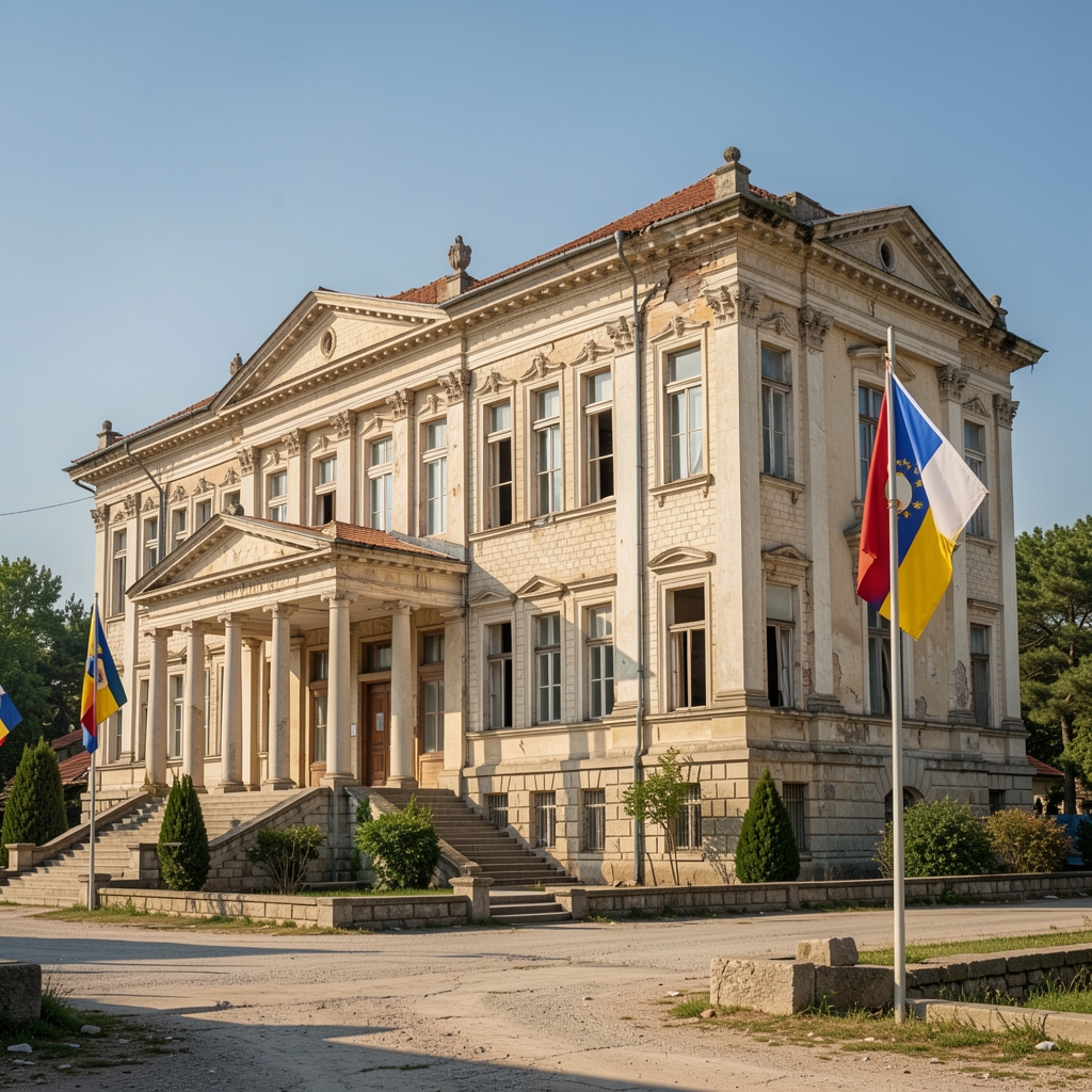 Зграда Владе Црне Горе у Подгорици са европском заставом испред, сунчан дан, административна архитектура