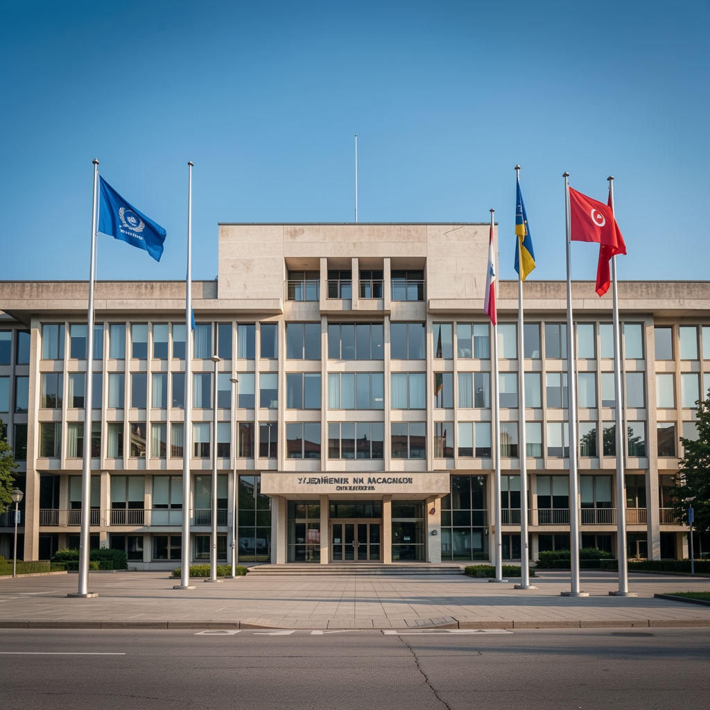 Зграда Уједињених нација у Женеви, спољашње лице, плаво небо, международне заставе
