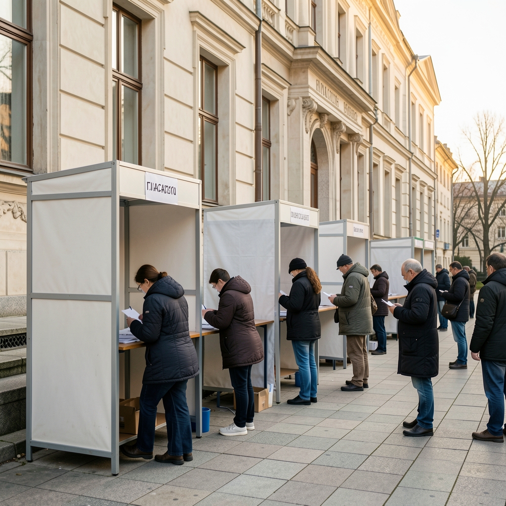 Гласачко мјесто током локалних избора у општини, бирачи у реду, унутрашњост управне зграде