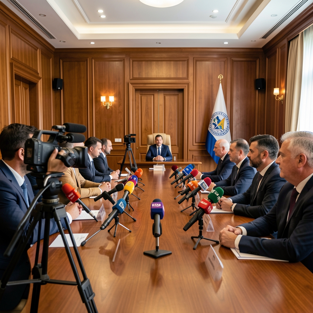 Новинари на прес-конференцији у Подгорици, микрофони, затворена сала, детаљи камера и опреме