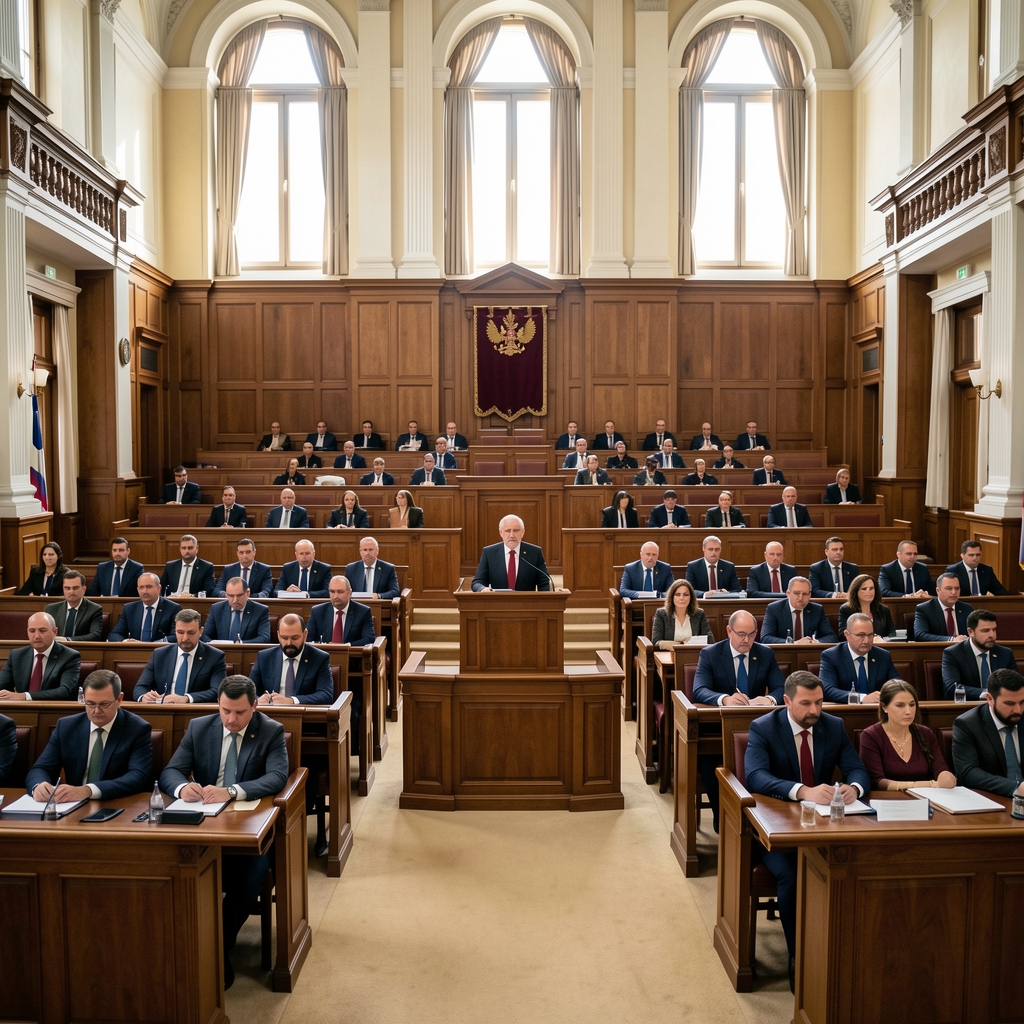 Скупштина Црне Горе, спољашњост зграде, ноћна фотографија са расвјетом, Подгорица